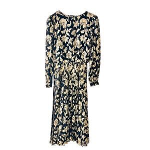 Raul Blanco  Vintage Floral Long Sleeve Pleated Midi Dress Size 6 Black Gold